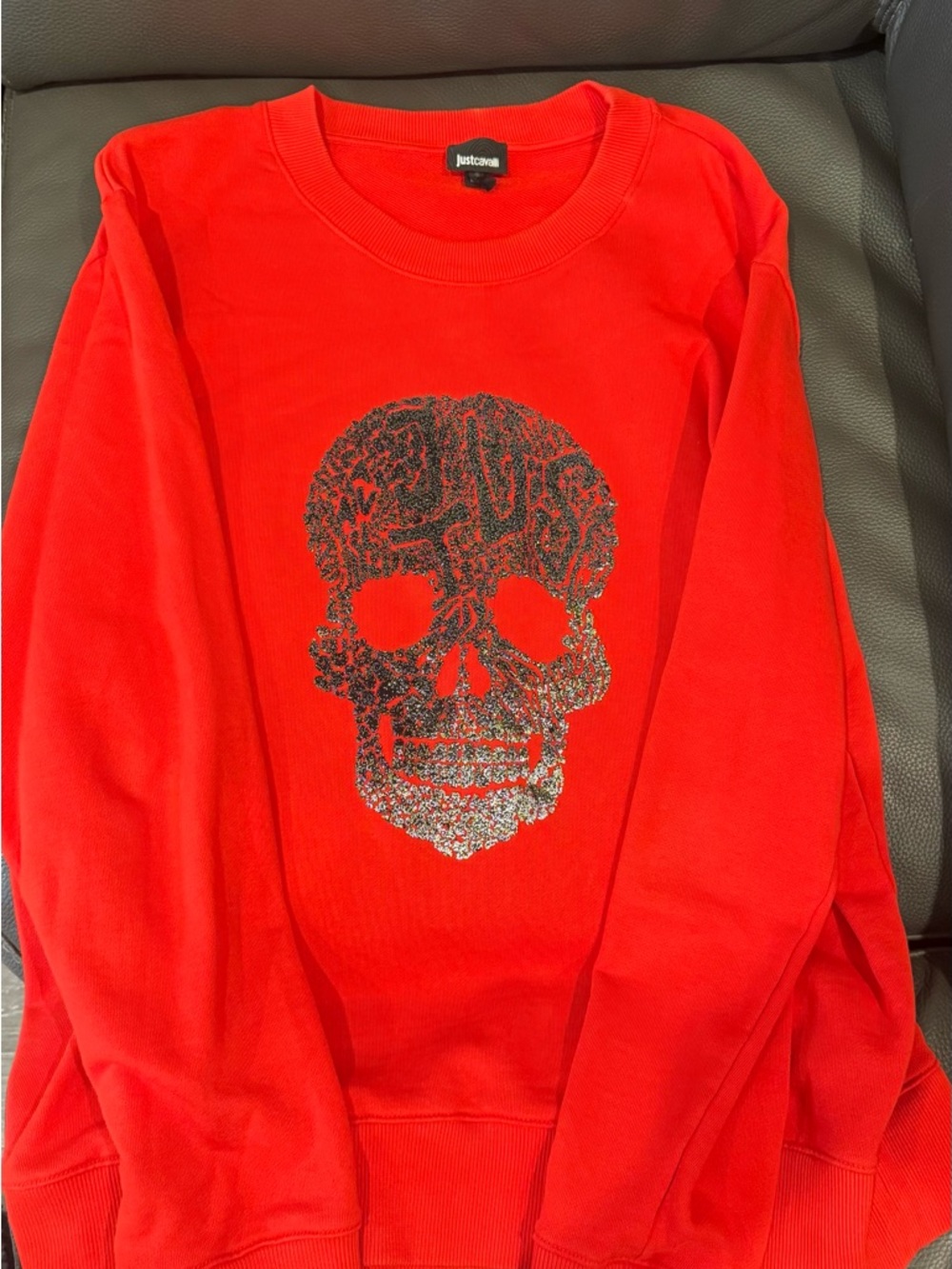 Just Cavalli Men’s Red Sweatshirt with Silver Skull Graphic